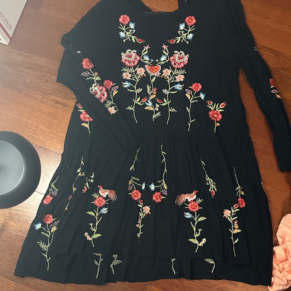 Black Dress with Floral Embroidery, Size Large